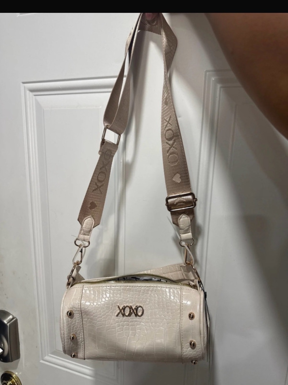 XOXO Cream Croc-Embossed Crossbody with Branded Strap